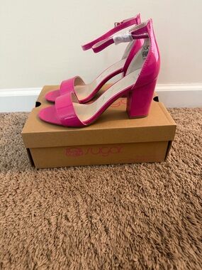 Brand New Sugar Patent Pink Block Heel Sandals with Ankle Strap, Size 8M